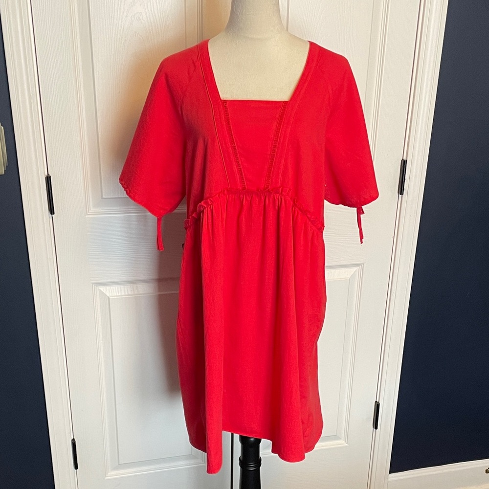 Molly Bracken‎ Red Coral Midi Square Neck Cotton Dress Size Large